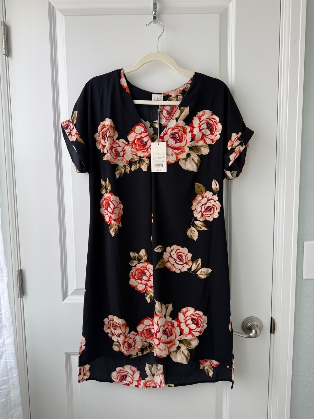 a new day Black Mini Dress with Red & Cream Floral Print